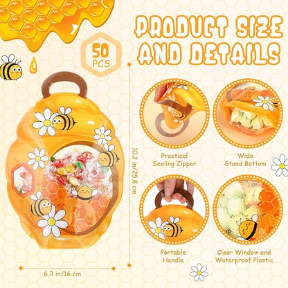 ReliThick 50 Pcs Bee Gift Bags with Handles, Sealed Plastic Honeycomb Bee Party Favors Bags Bulk Daisy Honey Goodie Candy Treat Pouch for Snack Spring Summer Birthday Baby Shower Decor Supply