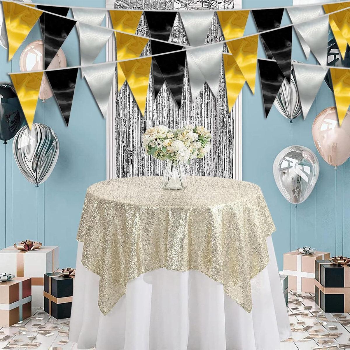 40M/130FT Black Gold Silver Triangle Pennant Banner Flag Metallic Fabric Bunting Garland for Christmas Wall Hanging,Graduation Decorations, New Years Decorations,Father' Da