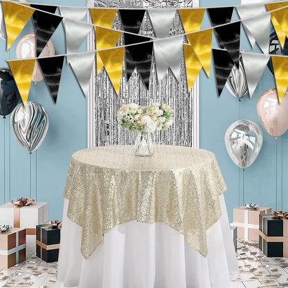 40M/130FT Black Gold Silver Triangle Pennant Banner Flag Metallic Fabric Bunting Garland for Christmas Wall Hanging,Graduation Decorations, New Years Decorations,Father' Da