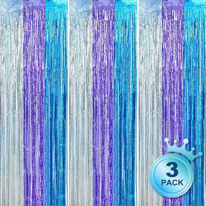 BEISHIDA 3 Pack Streamers Fringe Foil Curtain Backdrop Curtain, Tinsel Curtain Wall Door Party Streamers for Birthday Party Decoration-Silver Blue Purple (3.28 ft x 6.56 ft)