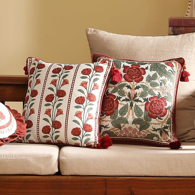 Vintage Square Throw Pillow Covers,Red Cozy Velvet with Leaves and Floral Pattern Pillowcases,Decoration Pillows Cushion Covers for Living Room Couch Sofa Bed Car Chair,18"x18"