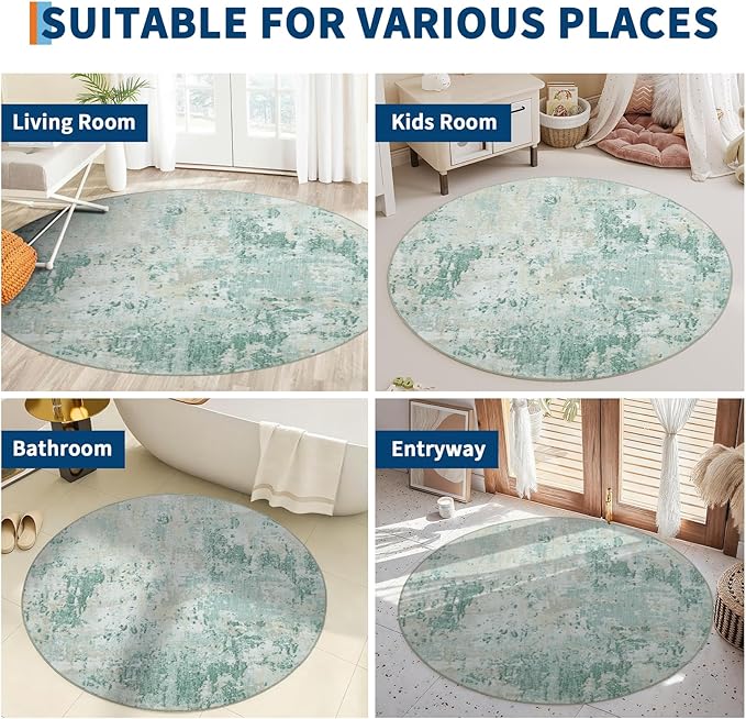 ROYHOME Modern Abstract 8x8 Round Area Rug Non Slip Non Shedding Rug Low Pile Stain Resistant for Bedroom Living Room Office Dining Room,Green
