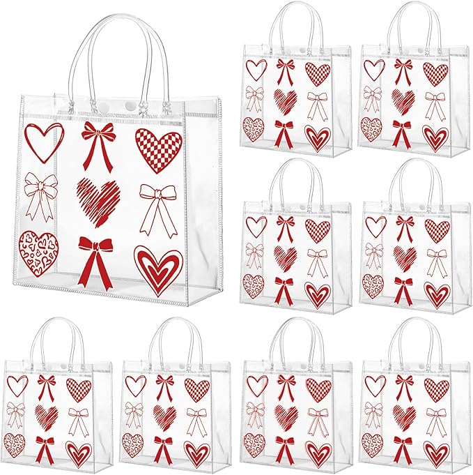 Aliceset 24 Pcs Valentine's Day Gift Bags with Handle Clear PVC Candy Treat Goodies Tote Bags Heart Checkerboard for Valentine's Day Birthday Party Favor Supplies