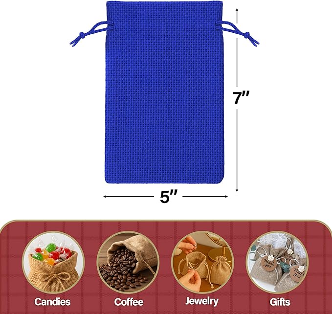 Mandala Crafts 5X7 Inch Royal Blue Burlap Drawstring Gift Bags for Favors - 30 Small Linen Sacks Gift Pouches for Candy, Coffee, Jewelry, Wedding, and Party Supplies