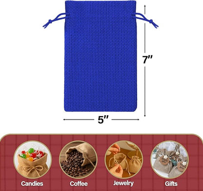 Mandala Crafts 5X7 Inch Royal Blue Burlap Drawstring Gift Bags for Favors - 30 Small Linen Sacks Gift Pouches for Candy, Coffee, Jewelry, Wedding, and Party Supplies