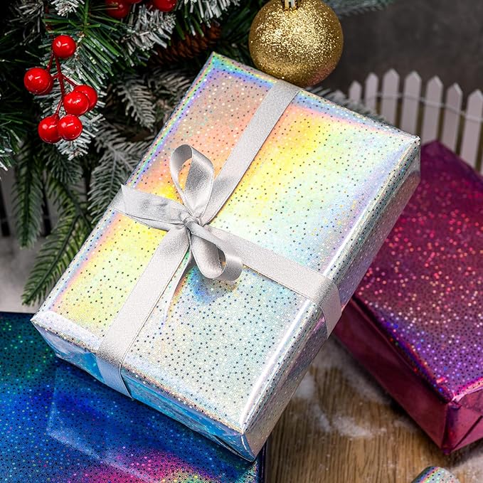 Burymento Mini Wrapping Paper Roll, Metallic Holographic Star Gift Wrap for Birthday, Valentines, Mothers day, Graduation, Wedding, Fathers day, Baby Shower, Christmas (17 Inch x 120 Inch - 3 Rolls)