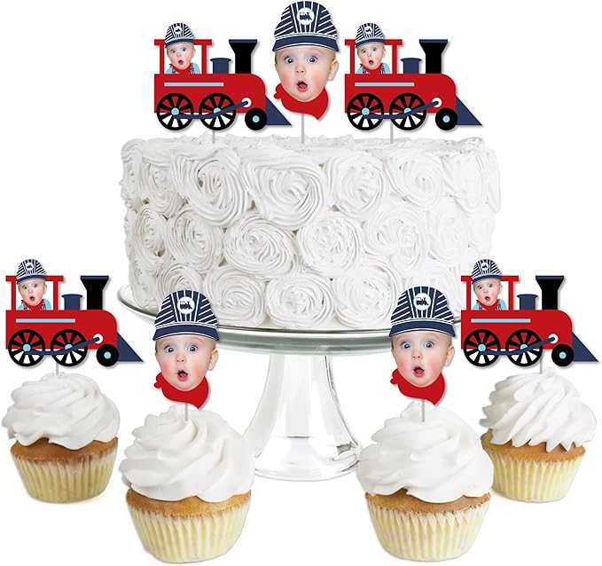 Big Dot of Happiness Custom Photo Railroad Party Crossing - Steam Train Birthday Party or Baby Shower Dessert Cupcake Toppers - Fun Face Clear Treat Picks - Set of 24