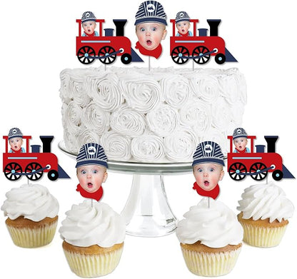 Big Dot of Happiness Custom Photo Railroad Party Crossing - Steam Train Birthday Party or Baby Shower Dessert Cupcake Toppers - Fun Face Clear Treat Picks - Set of 24