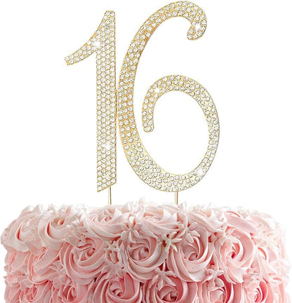 16th Rhinestones Cake Topper, Gold 16th Birthday Cake Decoration, Adult Ceremony or Anniversary Party Decor Ideal Perfect Keepsake