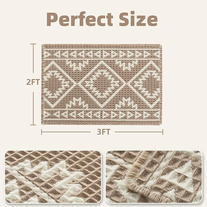 PADOOR-Waffle Bath Mat 24"x36"-Super Absorbent Bath Mats for Bathroom, Machine Washable Non Slip Bathroom Rug with Tassels, Soft Bathroom Mat for Laundry Room, Bedroom, Brown & Cream, 2'x 3'