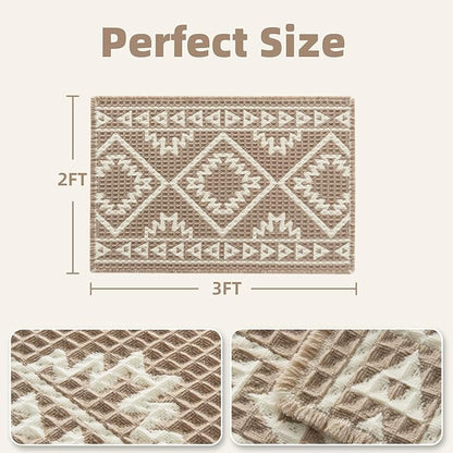 PADOOR-Waffle Bath Mat 24"x36"-Super Absorbent Bath Mats for Bathroom, Machine Washable Non Slip Bathroom Rug with Tassels, Soft Bathroom Mat for Laundry Room, Bedroom, Brown & Cream, 2'x 3'