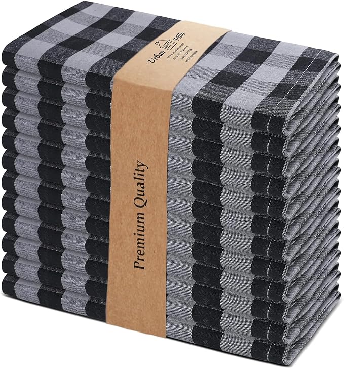 Urban Villa Cotton Dinner Napkins Set of 6, Highly Absorbent 20x20 Inches Premium Cloth Napkins Hotel Quality Reusable & Washable Table Dinner Napkins for Home & Weddings - Grey/Black, Checks
