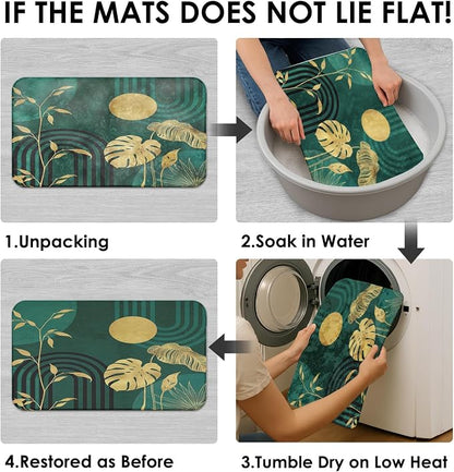 Boho Green Shower Curtain Set with Toilet Lid Cover and Non-Slip Rugs, Tropical Botanical Abstract Green Gold 4 Pcs Modern Minimalist Vintage Shower Curtain for Bathroom Set with 12 Hooks