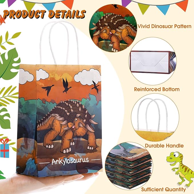 Pajean 24 Pcs Dinosaur Candy Bags with Handle, Dinosaur Party Favor Paper Bags Kids Gifts Goodie Treat Wrapping for Boys Girls Dino Theme Birthday Baby Shower Party Supplies(Vivid Style)