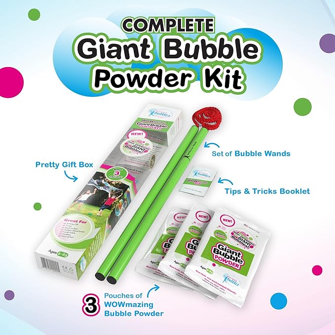WOWmazing Giant Bubble Powder Kit: Include Large Bubble Wand and 3 Packet of Big Bubble Powder (Makes 3 Gallons) | Outdoor Toy for Kids, Boys, Girls | Powder Made in USA