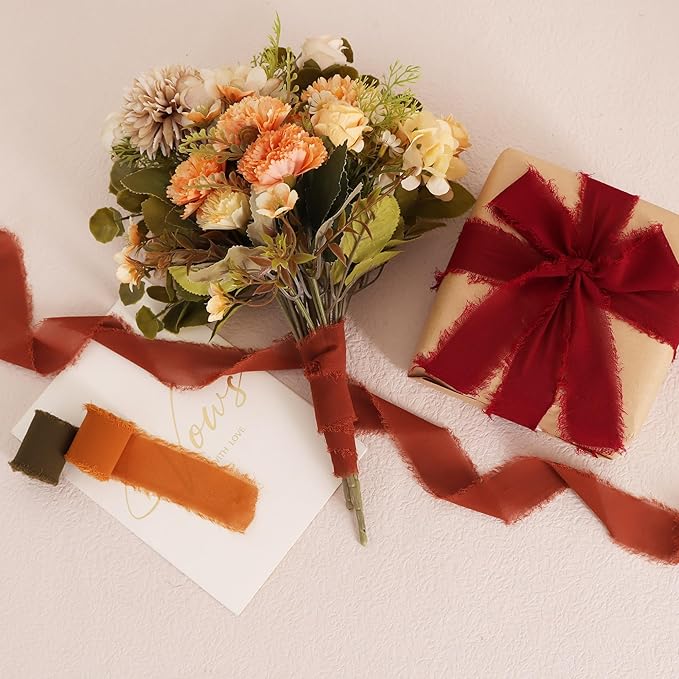 TONIFUL 4 Rolls Silk Chiffon Ribbon 1-1/2 Inch x 22 Yards,Orange Moss Brown Khaki Handmade Fringe Ribbon for Gift Wrapping Flowral Thanksgiving Christmas Wreath Tree Autumn-Themed Party Decoration