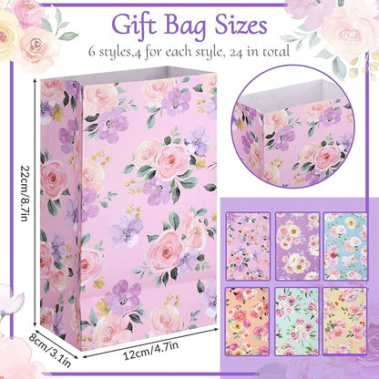 Panelee 24 Pcs Floral Gift Bags Pastel Small Tea Party Favors Flowers Paper Lunch Bag Bulk 8.7x4.7x3 in Goodie Candy Treat Pouches for Wedding Bridal Shower Birthday Mother's Day Decoration