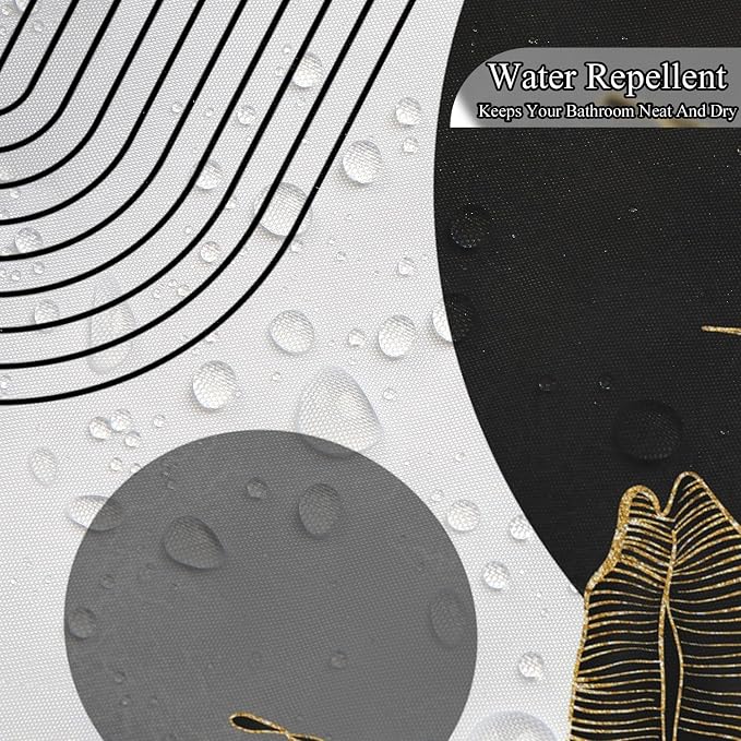 Mid Century Boho Shower Curtain, Abstract Modern Sun Minimalist Aesthetic Shower Curtain, Bohemian Geometric Arch Curve Leaves Neutral Art Fabric Bathroom Curtains Black 72x78 inch