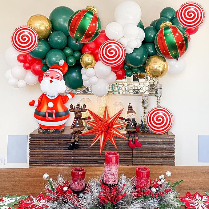158PCS Christmas Balloon Arch Kit Xmas Party Balloons with Red Green White Golden Balloons Xmas Decoration Foil Balloons