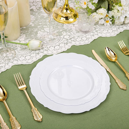 DaYammi 150Pcs White Plastic Plates & Gold Plastic Silverware, White Disposable Plates for Party Include 30 Dinner Platos,30 Dessert Platos,30 Golden Knives,30 Gold Forks,30 Spoons for Wedding Party