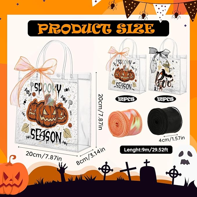 Motipuns 24 Pcs Clear PVC Gift Bags with Handles and Ribbon Party Favor Reusable Plastic Goodie Candy Treat Bags for Birthday Party Supplies(Halloween)