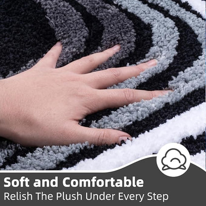 High Pile Tufted Bath Mat Non Slip Absorbent, Ultra Soft Microfiber Bathroom Rug with 3D Striped Pattern, Funky Small Rug for Sink, Toilet, Tub, Machine Washable, 16"x24", Black