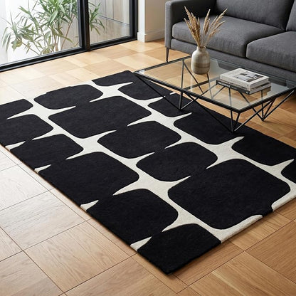 Restoration and Renovation Modern Wool Area Rug - Contemporary Abstract Geometric Design, Thick & Soft Hand-Tufted Carpet - Ideal for Indoor Decor in Living Room, Bedroom (Black, 9' x 12')