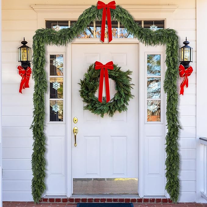 2 Pcs Christmas Norfolk Pine Garlands, 6 Ft Double Color Real Touch Artificial Cedar Garland, Faux Pine Cypress Greenery Garland Ornaments for Mantle Fireplace Table Indoor Outdoor Xmas Decoration