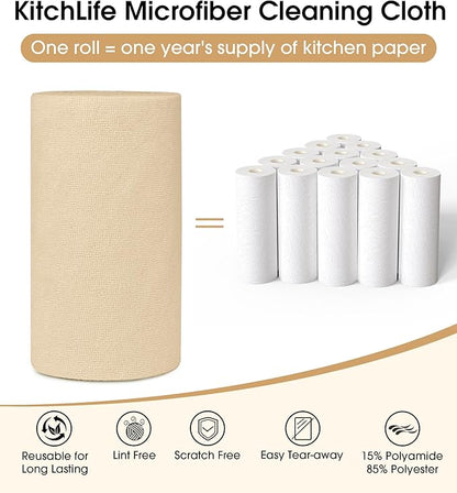 KitchLife Microfiber Cleaning Cloth Roll, 100 Pack - Tear-Away Microfiber Paper Towels, Lint-Free, Reusable, Washable for Kitchen, Car, Dishes, and Sensitive Surfaces (Wheat)