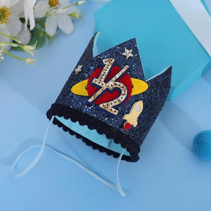 Outer Space 1/2 Birthday Crown - Planet Half Way to One Birthday Decorations,Dark Blue Glitter Space Party Crown,Little Astronaut 6 Month Party Photo Props,Rocket Cake Smash Headwear