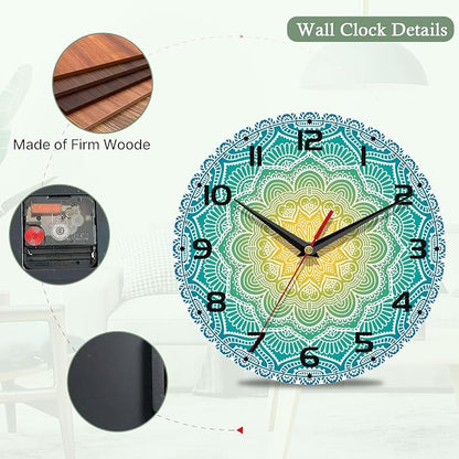 Wall Clocks Battery Operated,Blue Yellow Mandala Clock for Living Room,Decorative Wall Clock for Living Room, Bedroom, Bathroom and Kitchen,10 Inch