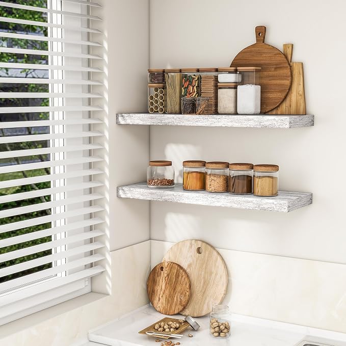 RICHFOCUS 36Inch Floating Shelves for Wall 2 Pack Shelves for Bedroom|Kitchen|Bathroom Wall Mounted Rustic Distressed Wood Floating Shelf with Invisible Brackets for Books|Storage|Decor, Rustic