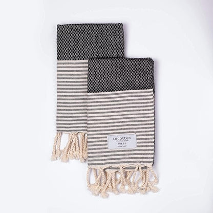 Boho Striped Turkish Hand Towels Set of 2 | 100% Cotton, 16 x 40 Inches | Decorative Bathroom Hair Face Gym Yoga Dishcloth Tea Kitchen Light Weight Quick Dry Farmhouse Towel (Black)