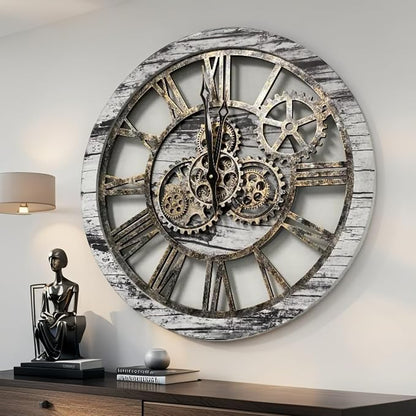 ImprovingLife The Gears Clock The Original Real Moving Gear Wall Clock Vintage Industrial Oversized Rustic Farmhouse (24 inch (60cm), Vintage Grey and White)