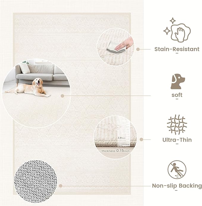 9x12 Area Rug Living Room: Washable Boho Geometric Moroccan Rug Neutral Modern Farmhouse Indoor Soft Non Slip Ultra Thin Large Printed Pattern Carpet for Bedroom Home Office (Beige, 9'x12')