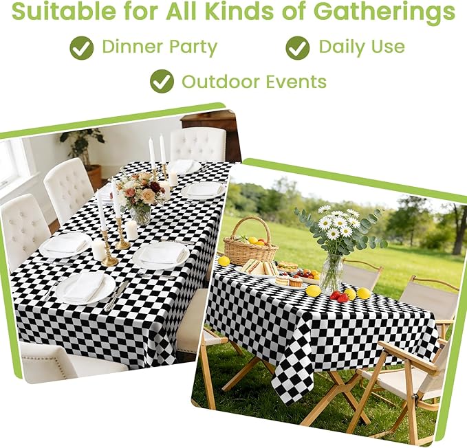 Mulbozy 4 Pcs Black and White Checkered Tablecloths, 54 × 108 Inches Black Checkered Flag Tablecover, Disposable Plastic Gingham Table Cover for Picnic, Truck, Race Car Birthday Party Supplies