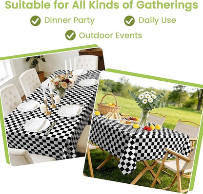 Mulbozy 4 Pcs Black and White Checkered Tablecloths, 54 × 108 Inches Black Checkered Flag Tablecover, Disposable Plastic Gingham Table Cover for Picnic, Truck, Race Car Birthday Party Supplies