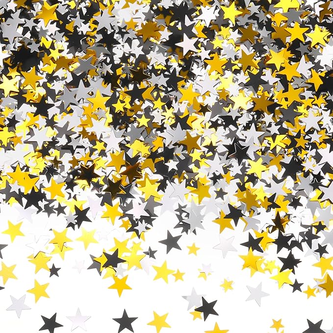 Hestya Star Confetti Glitter Table Confetti Metallic Foil Stars for Graduation Wedding Birthday Party Decorations(Silver Gold Black,10mm and 6mm,60g)