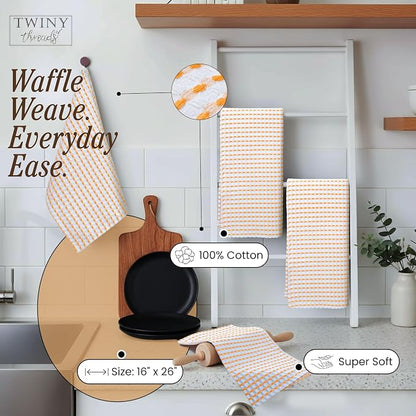 TWINY threads Waffle Dish Towels Set of 4, 16"x26" Kitchen Cloths, 100% Cotton, Soft & Absorbent Waffle Weave Hand Towel for Drying, Wiping, Polishing & Daily Kitchen Tasks, Mustard Yellow, White