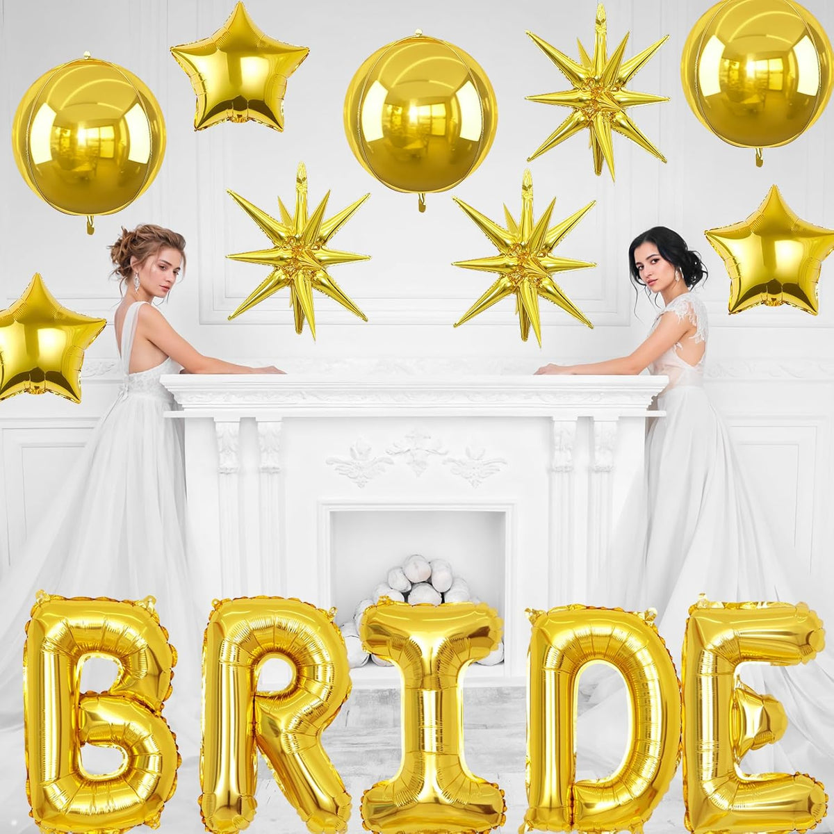 Gold Bride Balloons Bachelorette Party Decorations, 32in Gold Giant Bride Balloons with 4D Disco Ball Balloon and Star Foil Balloon for Bridal Shower Wedding Engagement Party Supplies