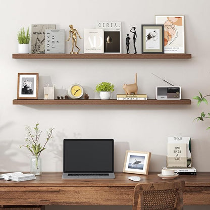 Heimlove 48 Inch Floating Shelves for Wall,Extra Long Wood Shelves Mounted Storage Hanging Shelf Invisible Bracket for Bedroom,Living Room,Kitchen,Office,Set of 2,Walnut Color