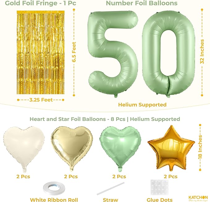 KatchOn, Sage Green 50th Birthday Decorations Set – Pack of 49 | Sage Green 50 Balloon Numbers, Star, Heart and Confetti Balloons, Gold Fringe Backdrop for 50 Birthday Decorations for Women, Men