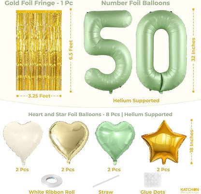KatchOn, Sage Green 50th Birthday Decorations Set – Pack of 49 | Sage Green 50 Balloon Numbers, Star, Heart and Confetti Balloons, Gold Fringe Backdrop for 50 Birthday Decorations for Women, Men