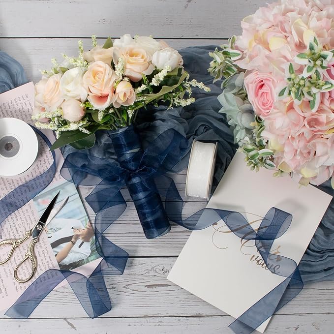 Blue and White Organza Ribbon - 1 Inch x 75 Yds - Navy, Gray, Blue, White - Clear Chiffon Tulle - Gift Wrapping, Flower Bouquet, Christmas Tree, Wedding Invitations, Bows, Crafts