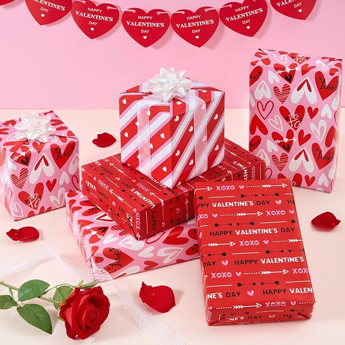 WERNNSAI Valentines Wrapping Paper Rolls - 3 Roll 17”x 120” Happy Valentines Day Gift Wrap Supply Red Love Heart Stripe Design Girls Princess Style for Women Valentine Date Favor
