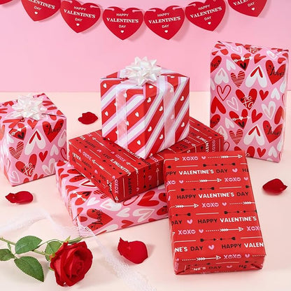 WERNNSAI Valentines Wrapping Paper Rolls - 3 Roll 17”x 120” Happy Valentines Day Gift Wrap Supply Red Love Heart Stripe Design Girls Princess Style for Women Valentine Date Favor