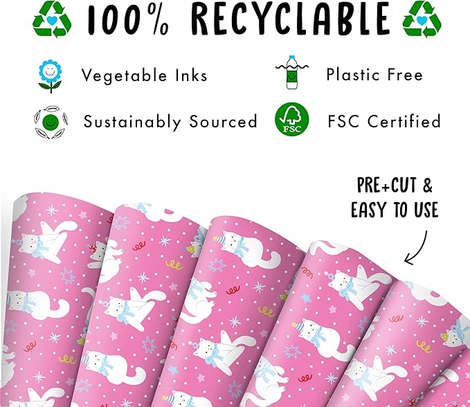 Cat Wrapping Paper - Funny Cat Themed Gifts - 6 Giftwrap Sheets - Pink Gift Wrap For Christmas Birthday Baptism Baby Shower - For Girls Boys Men Women Son Daughter - Includes Tags - Recyclable