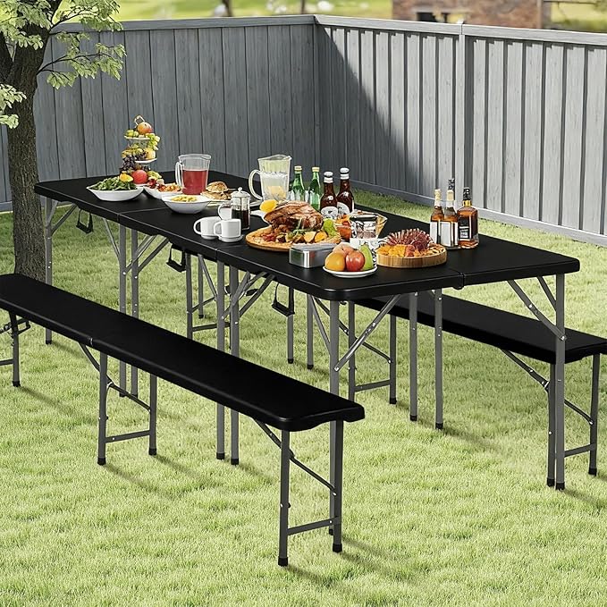 34" Square Folding Table, Portable Plastic Table No Assembly Needed, Fold-in-Half Design with Handle for Indoor Outdoor, Camping, Events, Banquets - Black