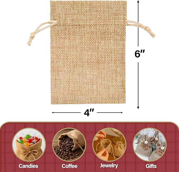 Mandala Crafts 4X6 Inch Plain Burlap Drawstring Gift Bags for Favors - 20 Small Linen Sacks Gift Pouches for Candy, Coffee, Jewelry, Wedding, and Party Supplies
