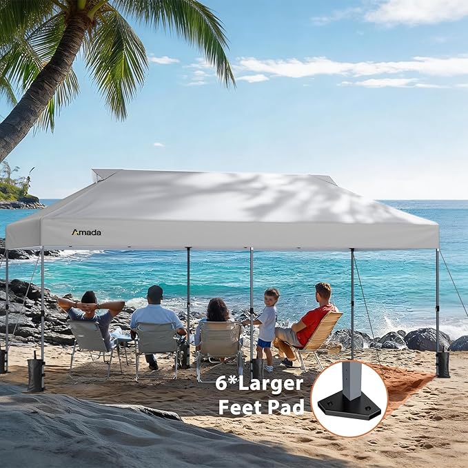 Amada 20x10 Pop Up Canopy Tent - Center Lock One Push Commercial Instant Canopies with 3-Height Adjustable & Wheeled Bag, 12 Stakes 6 Sandbags 6 Ropes, Great for Trade Shows, Events (20x10ft, White)